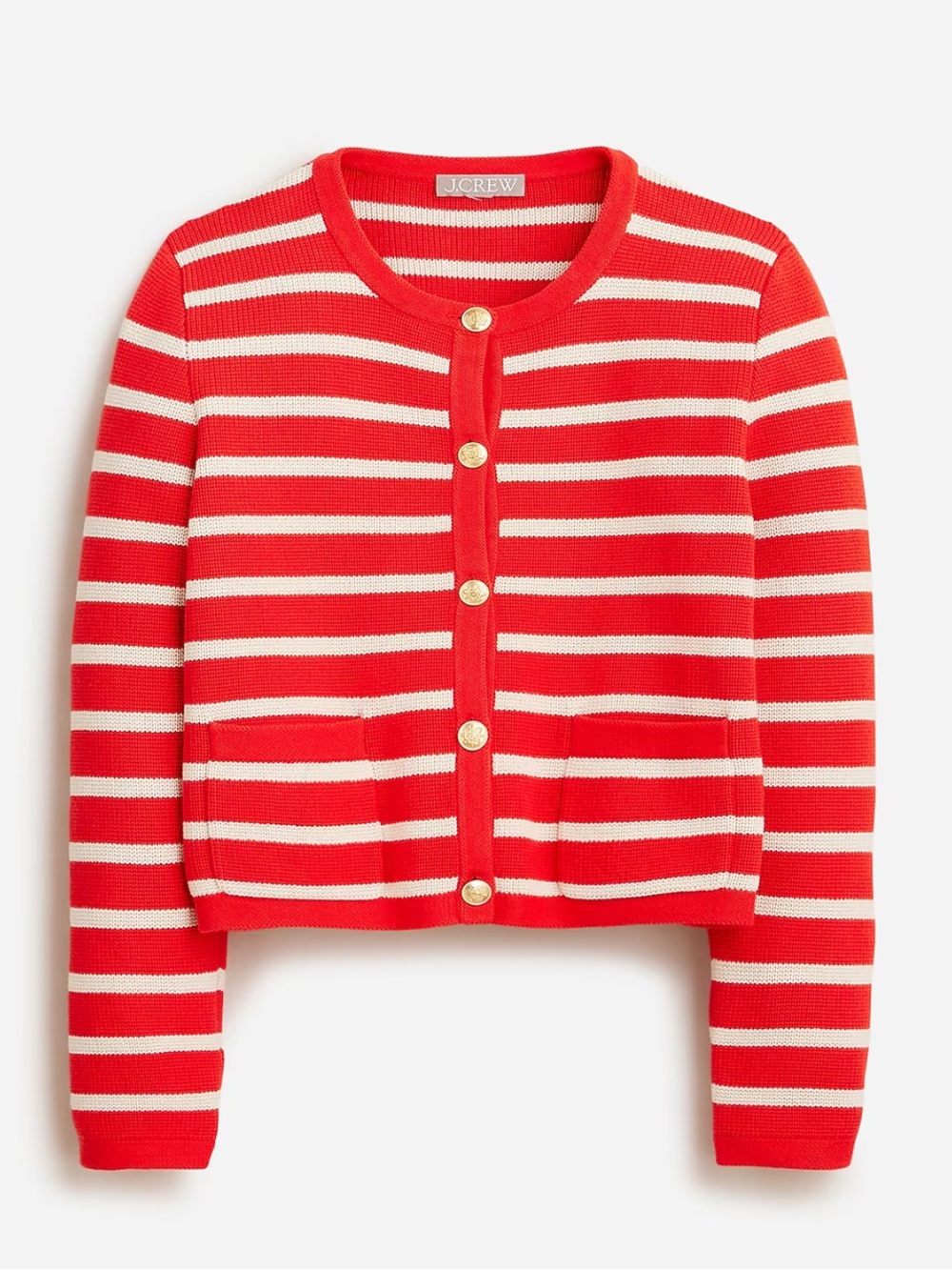 J. Crew Emilie Sweater Lady Jacket in Stripe Red Cream Gold Buttons XS